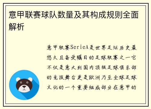 意甲联赛球队数量及其构成规则全面解析