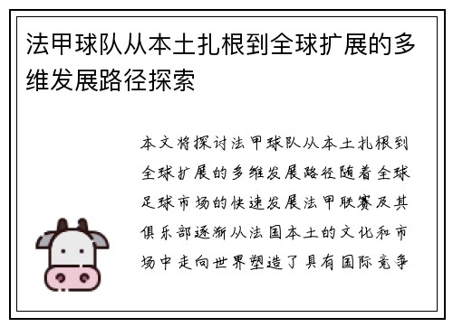 法甲球队从本土扎根到全球扩展的多维发展路径探索